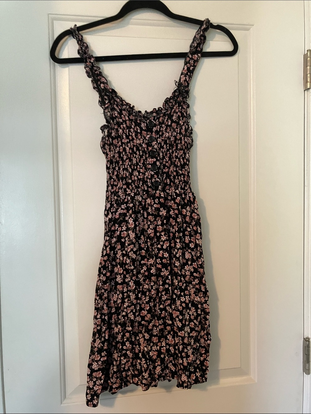 Black Mini Dress with Pink Floral Print and Smocked Bodice